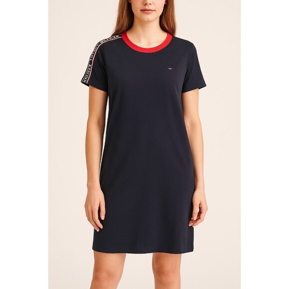 Tommy Hilfiger Women’s Navy Short Sleeve Logo Tape T-Shirt Dress Size L - Picture 4 of 4